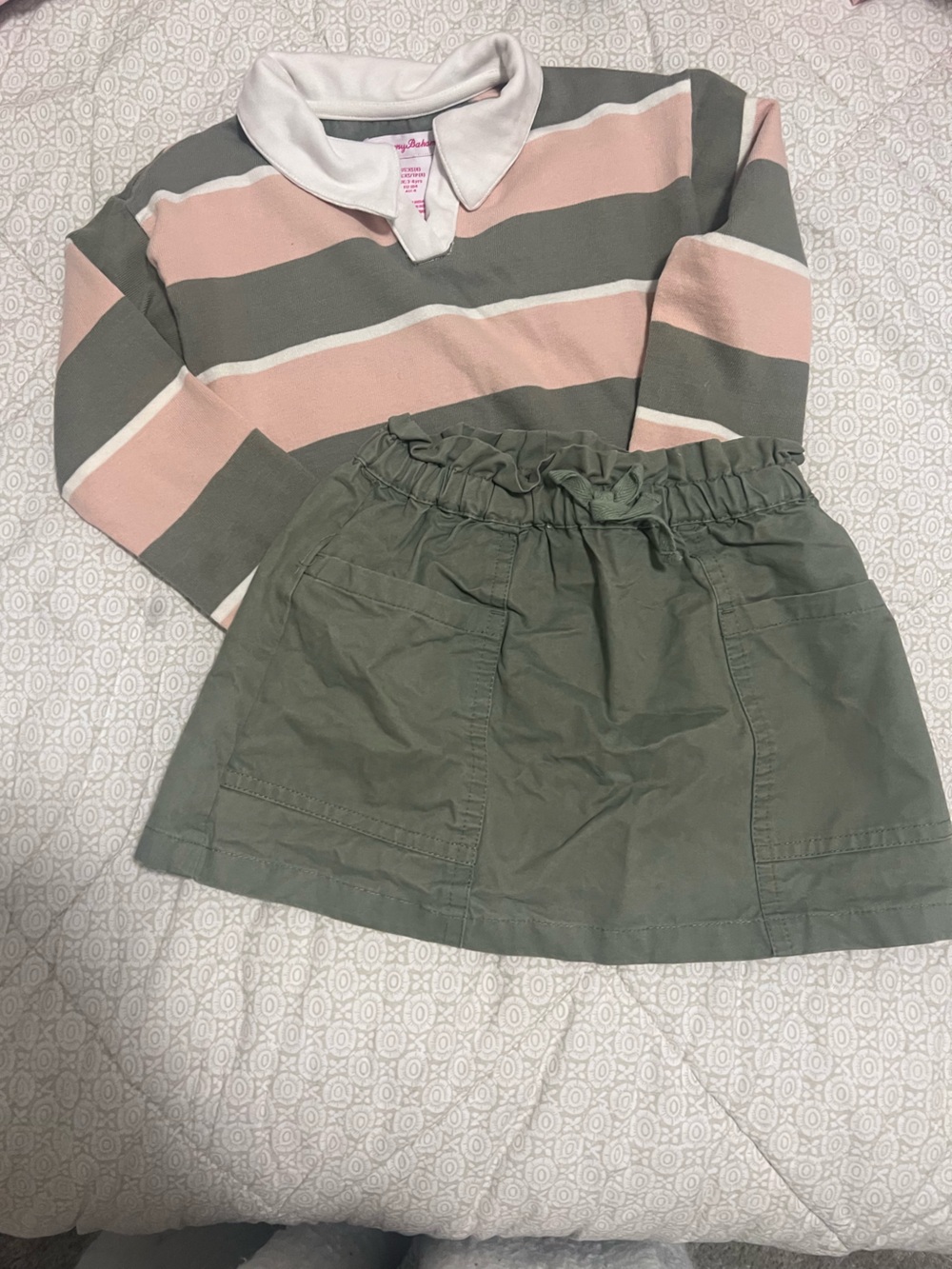 Tommy Bahama Olive Green Paperbag Waist Skirt with Pink & Green Striped Top